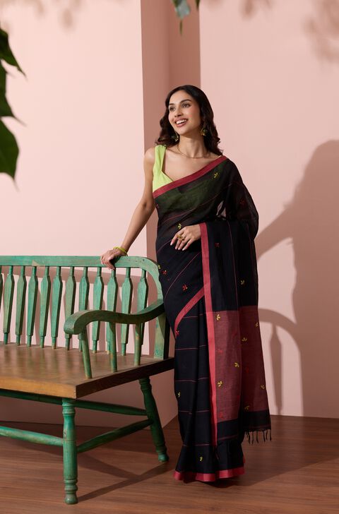 Black Bengal Pure Cotton Kantha Embroidered Saree