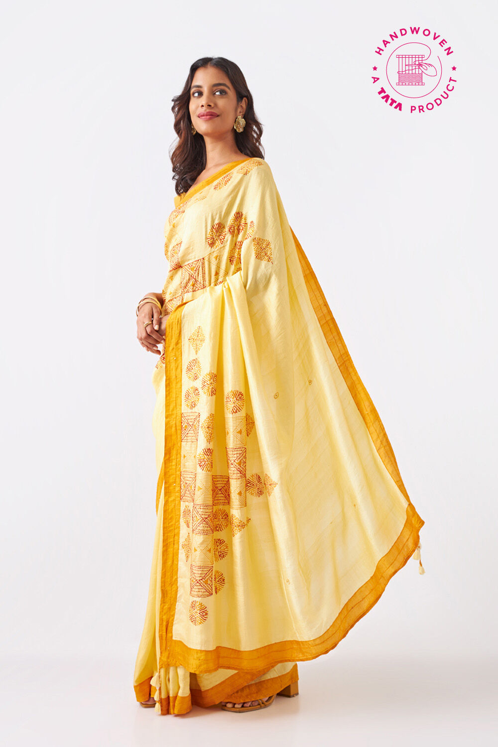 Yellow Pure Silk Hand Paint Saree image number null