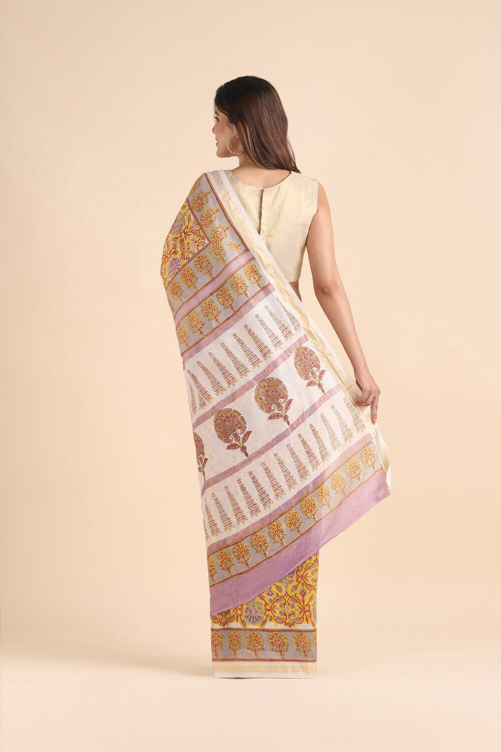 Dark Yellow Pure Silk Cotton Sanganeri Printed Saree image number null