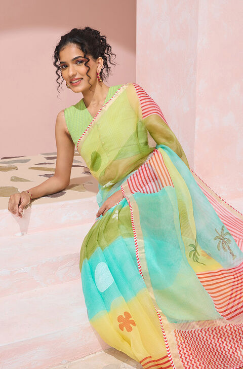Multi Rajasthan Pure Silk Kota Printed Sanganeri Saree