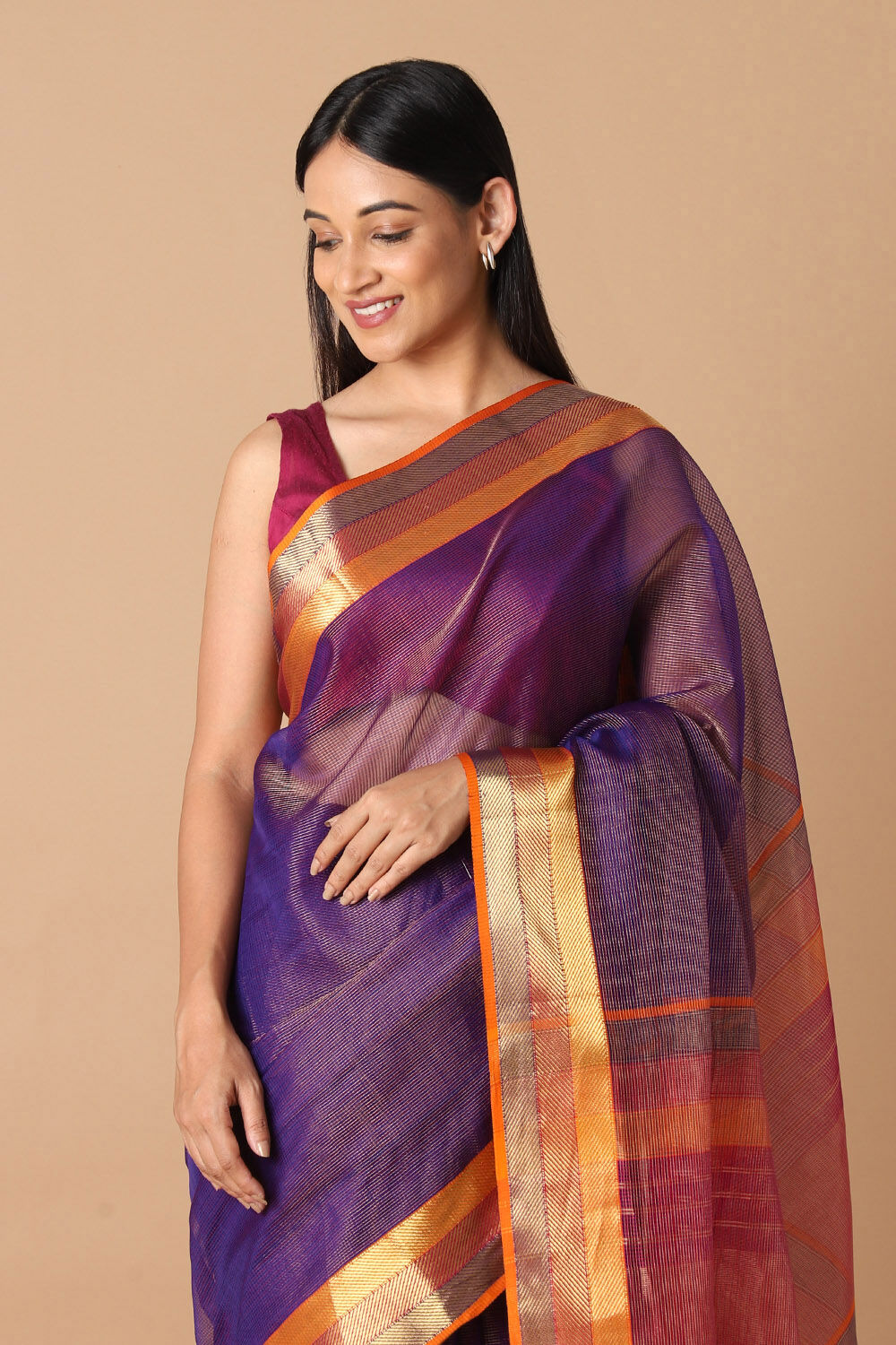 Purple Pure Cotton Tissue Maheswari Saree image number null