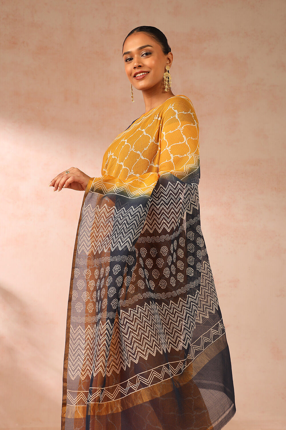 Yellow Rajasthan Block Printed Pure Silk Kota Saree image number null