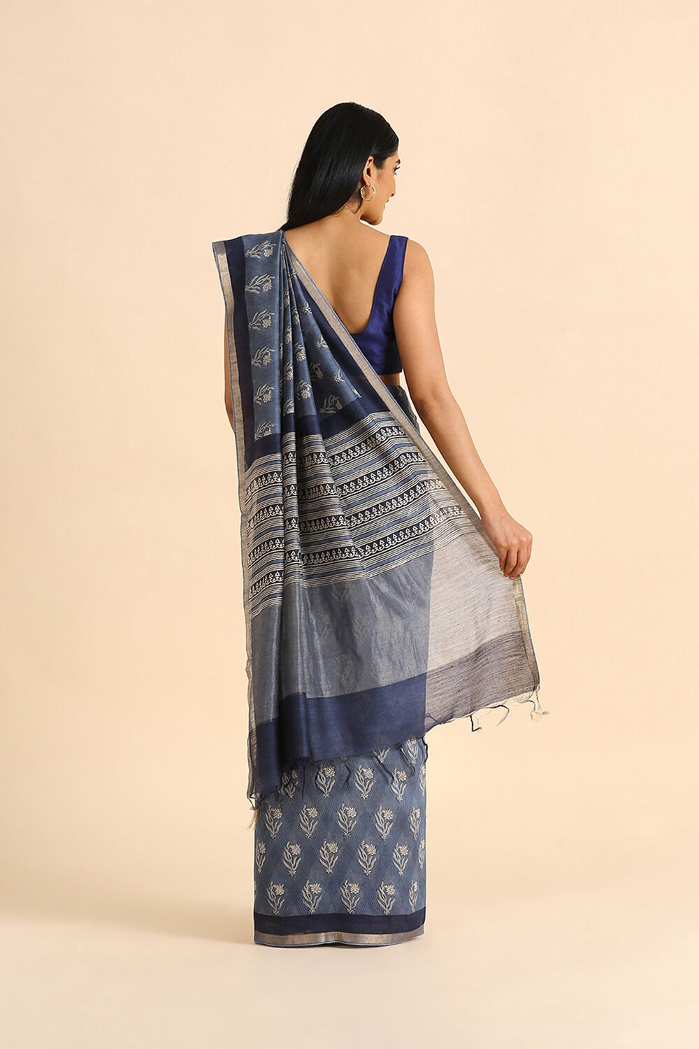 Light Blue Hand Blockprinted Pure Tussar Vanya Saree image number null