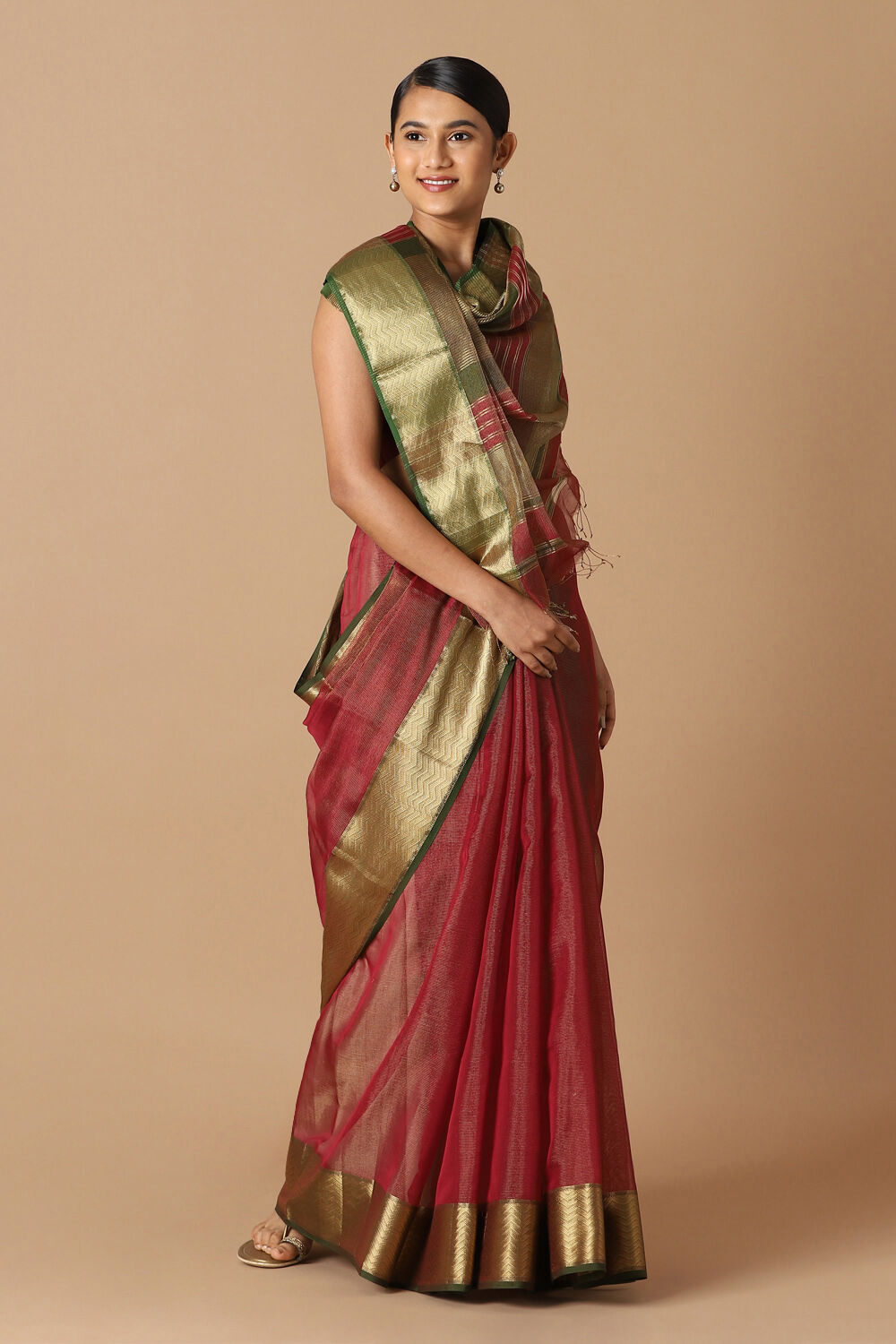 Red Pure Cotton Tissue Maheswari Saree image number null