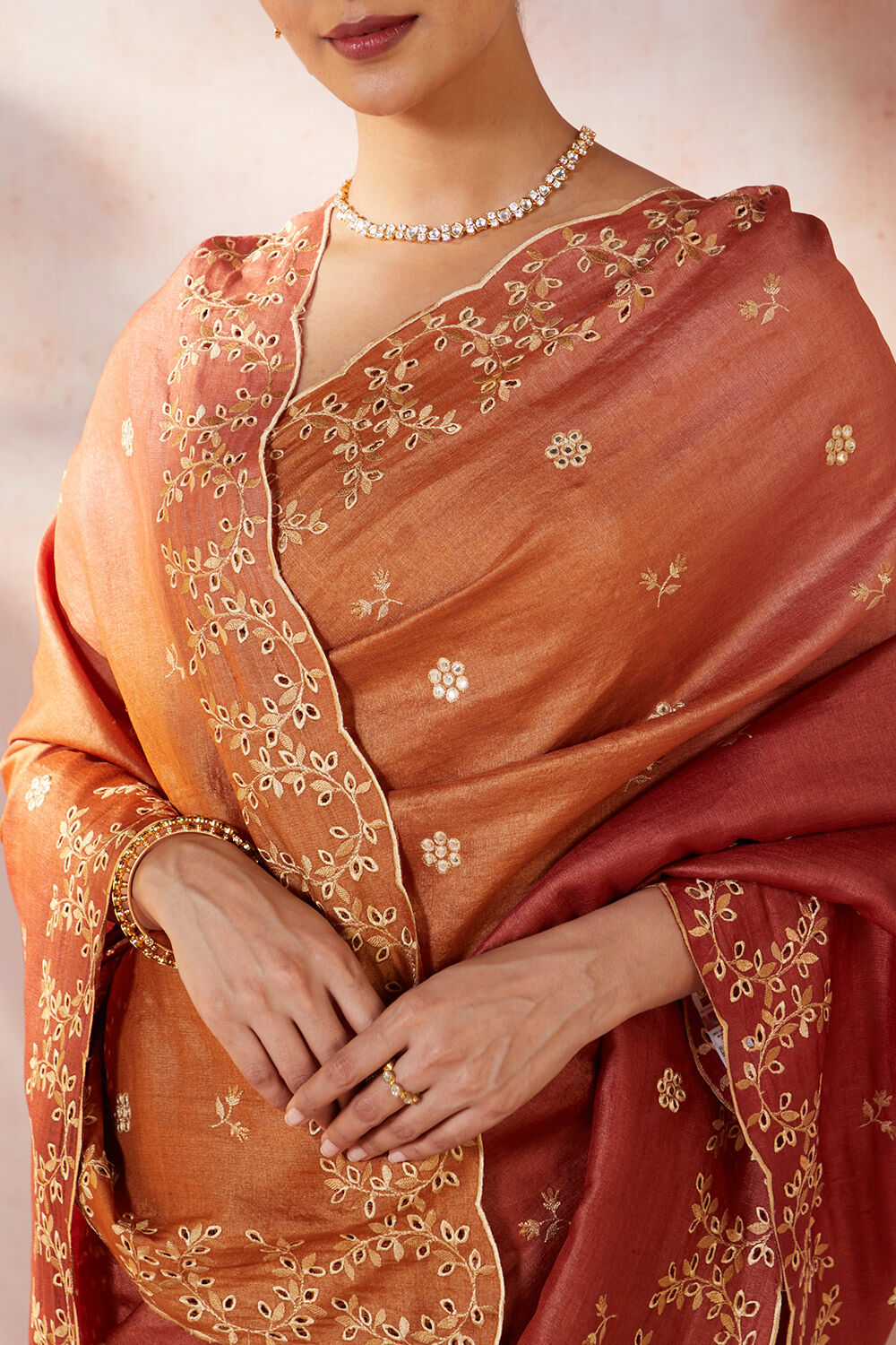 Orange Pure Tussar Silk Embroidered Saree image number null