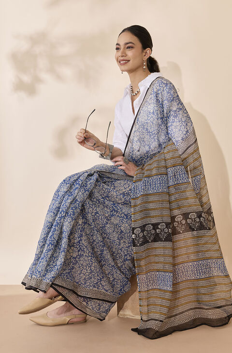Light Blue Bagru Block Printed Pure Cotton Kota Saree