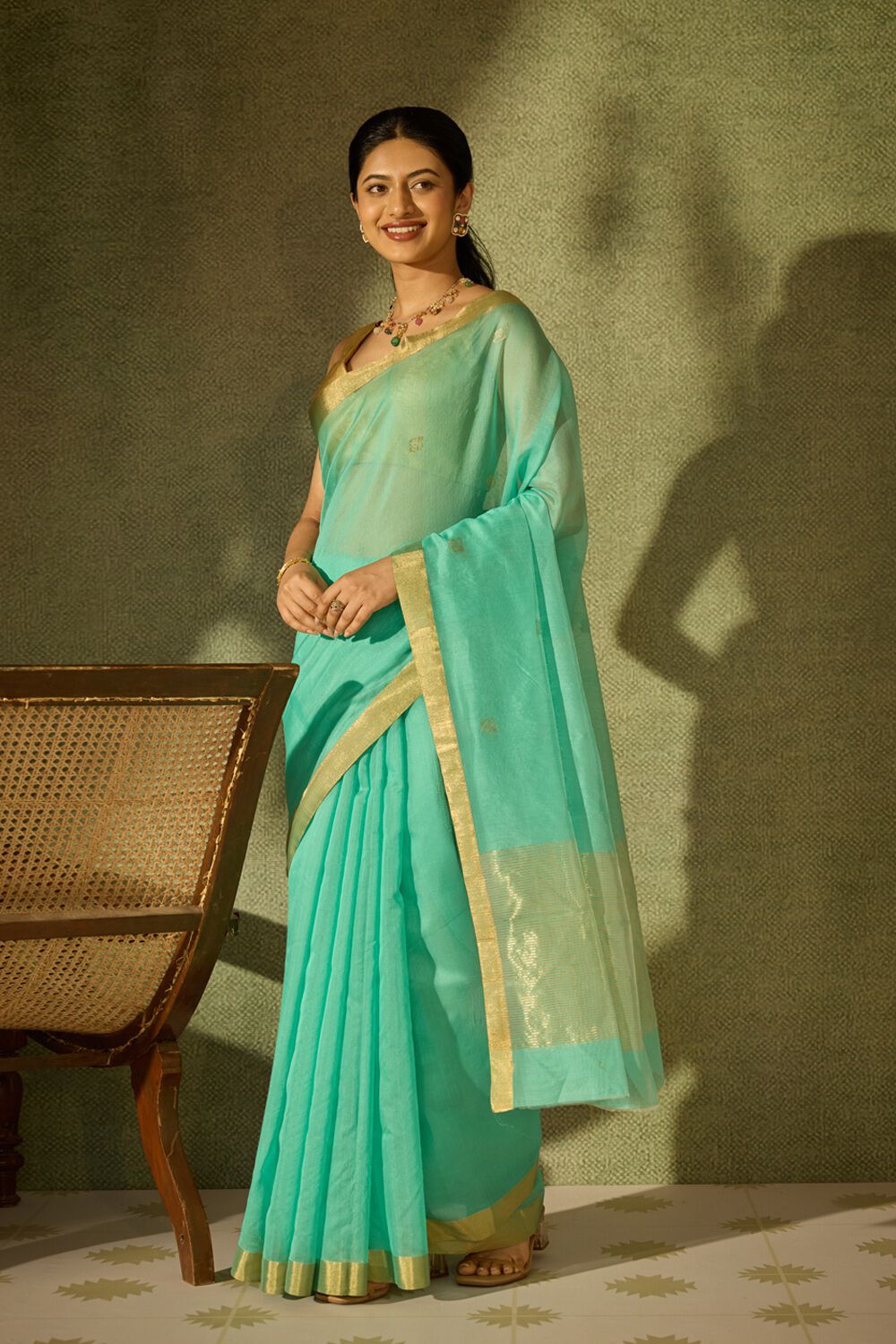 Light Green Woven Pure Silk Cotton Chanderi Saree image number null