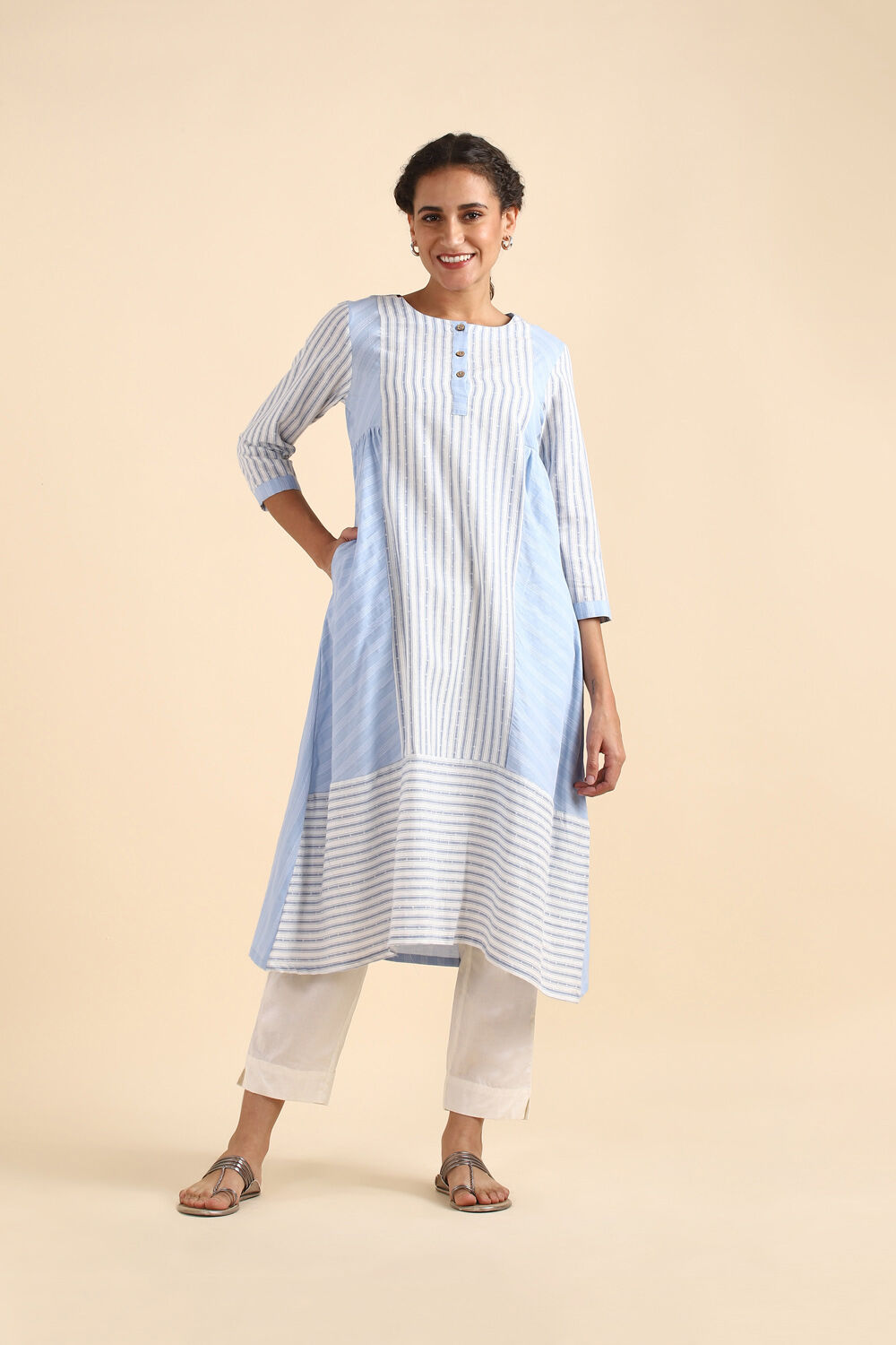 Light Blue Cotton Striped woven Kurta image number null