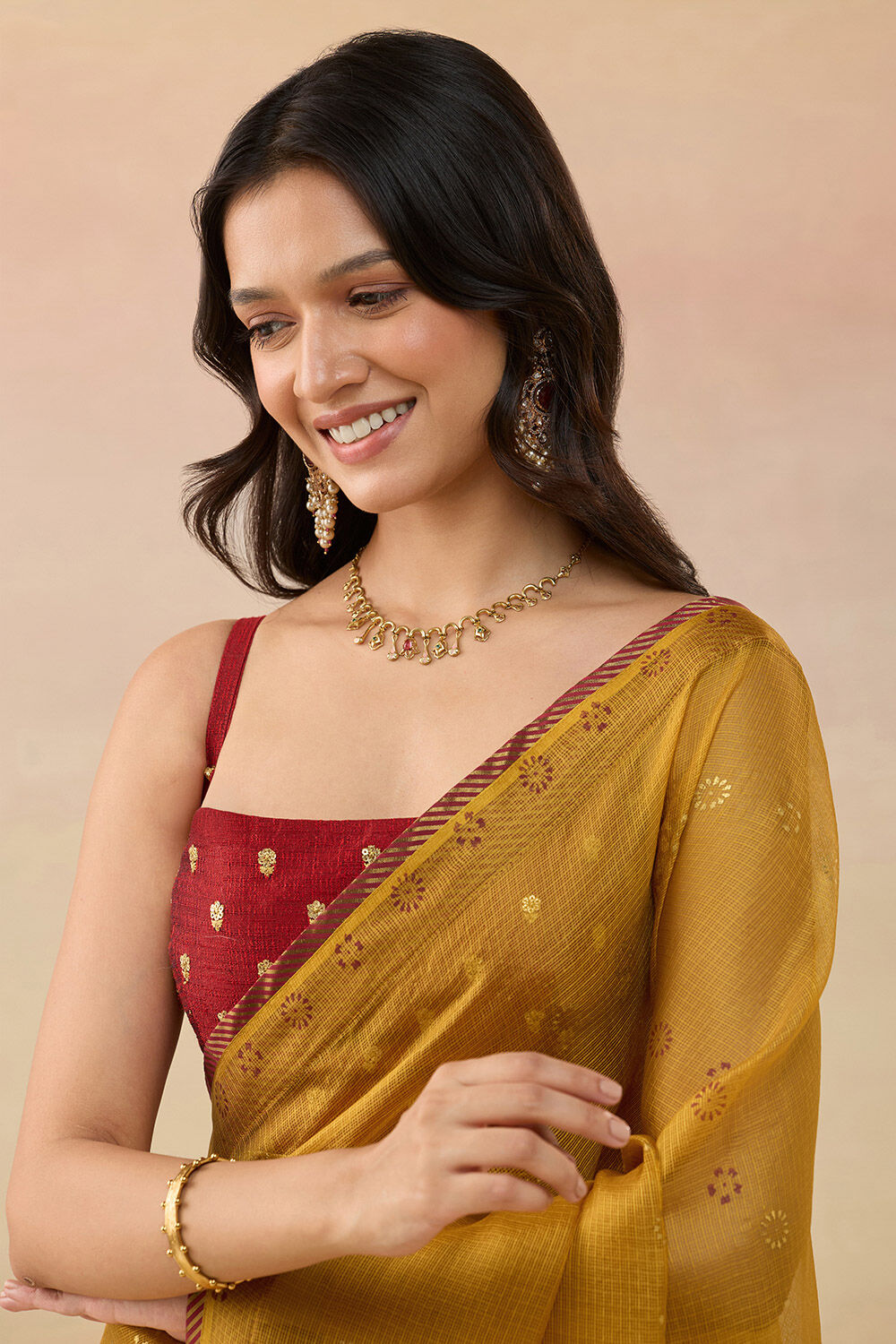 Yellow Pure Silk Kota Block Printed Saree image number null
