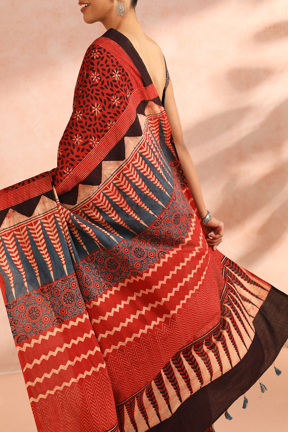 Red Gujarat Pure Cotton Ajrakh Block Print Saree image number null