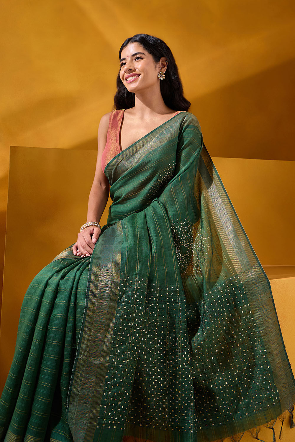Dark Green Pure Silk Sequin Saree image number null