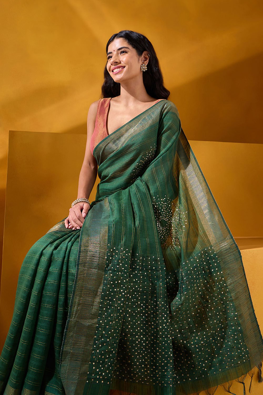 Dark Green Pure Silk Sequin Saree image number null