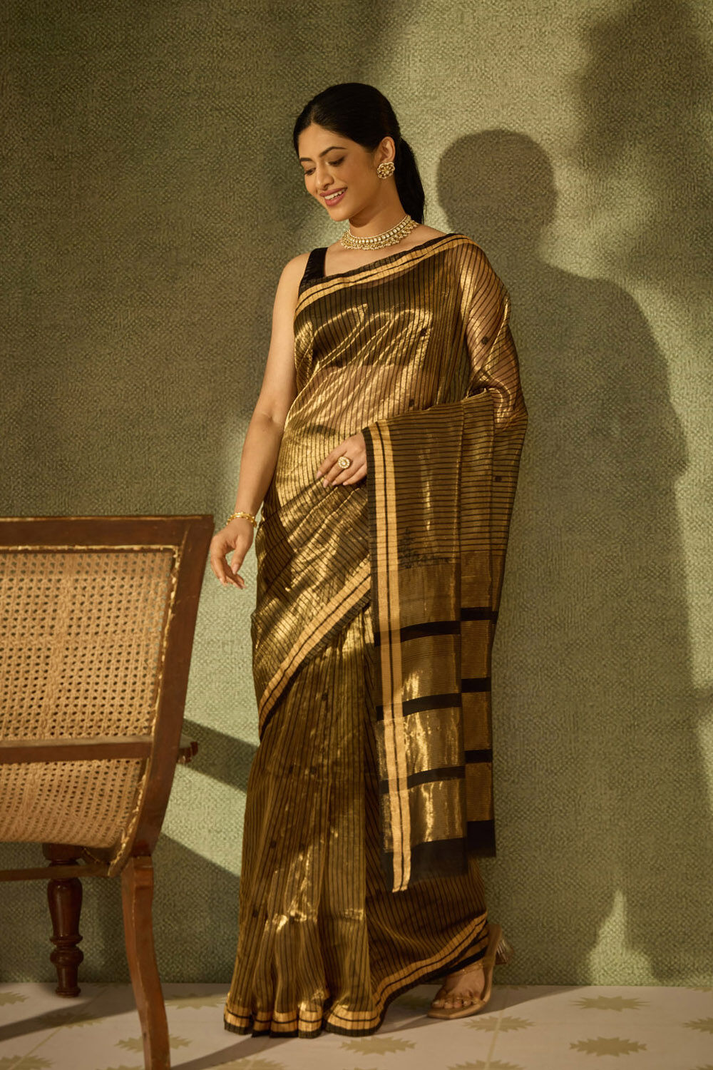Black Woven Pure Silk Tissue Chanderi Saree image number null