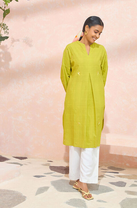 Light Green Pure Cotton Embroidered Kurta