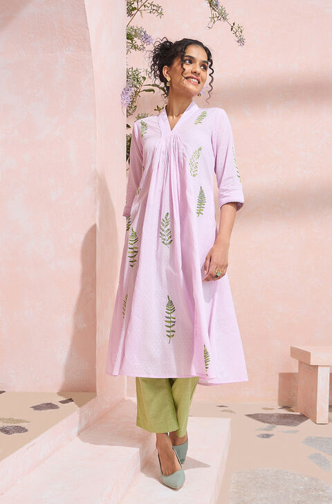 Light Violet Block Printed Pure Cotton Kurta