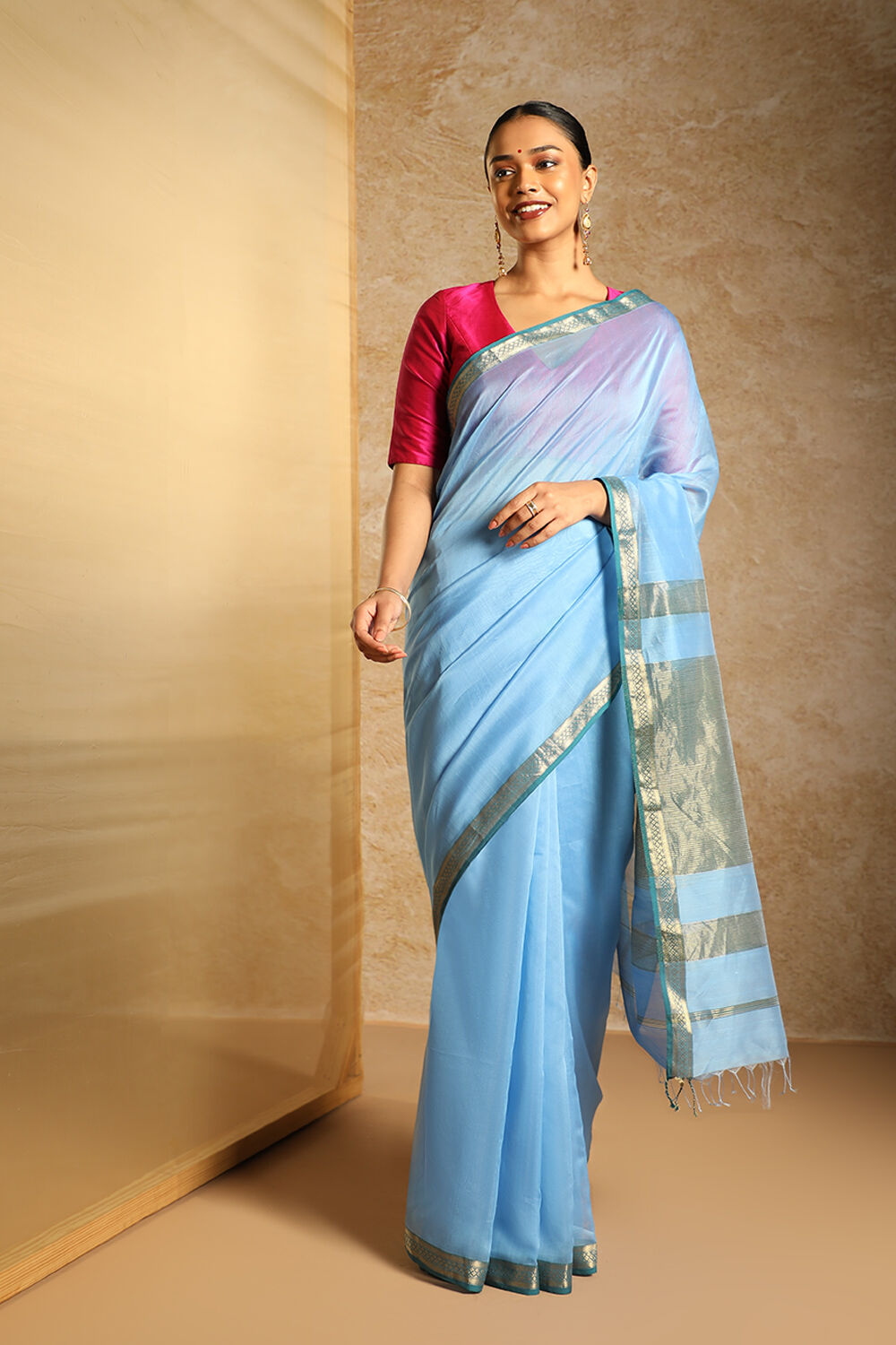 Blue Woven Pure Silk Cotton Maheswari Saree image number null