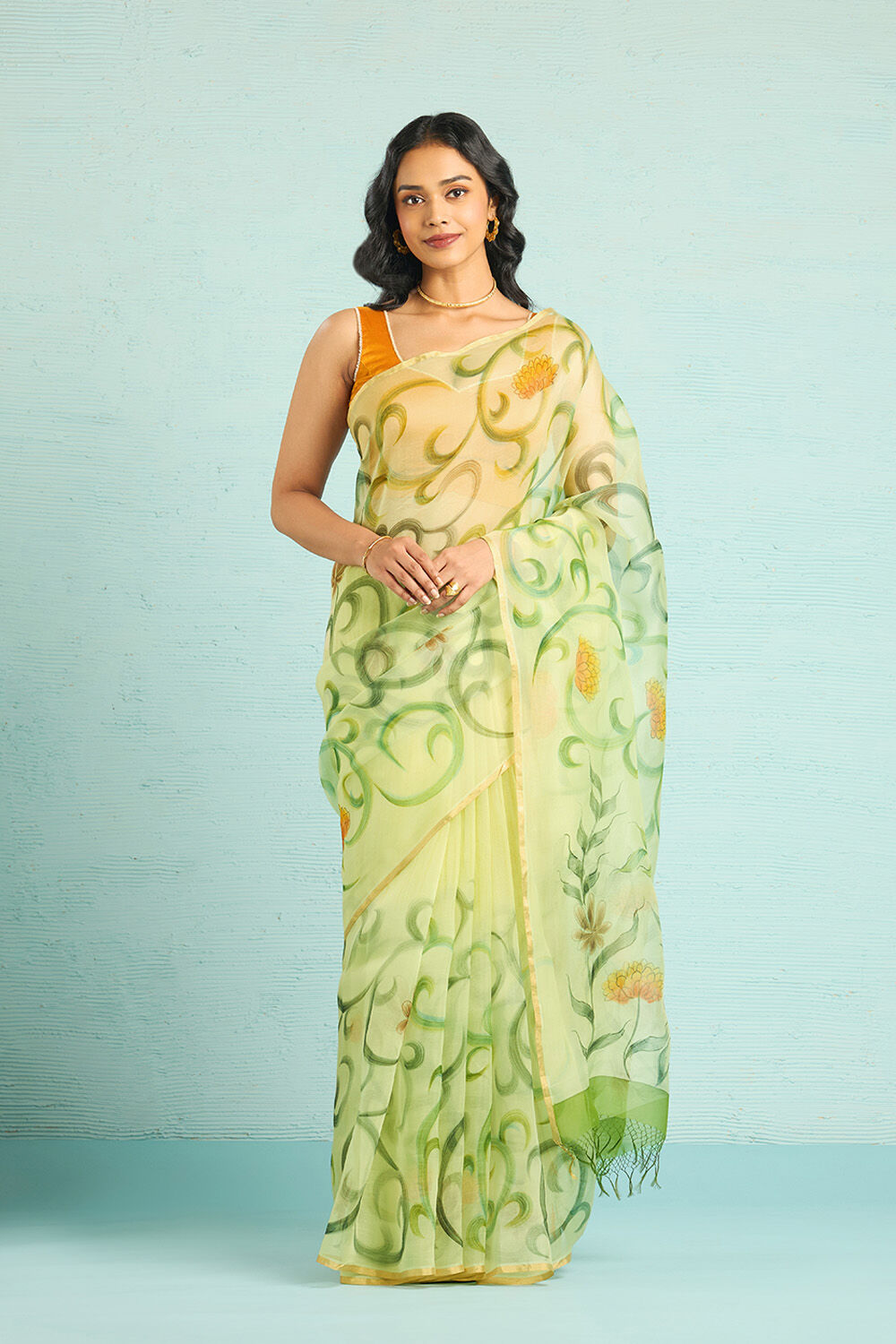 Yellow Pure Silk Organza Hand Painted Banarasi Saree image number null
