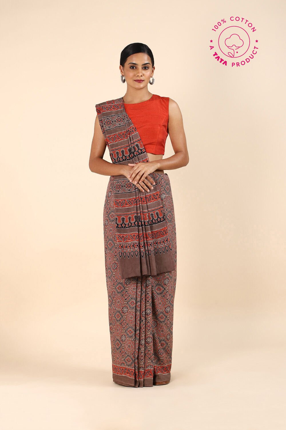Brown Pure Cotton Ajrakh Printed Saree image number null