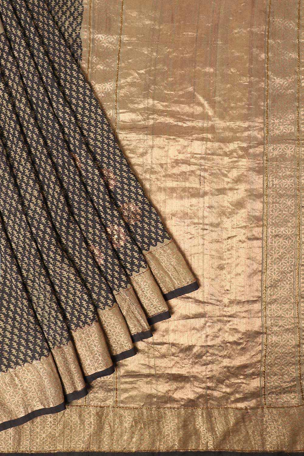 Grey Pure Silk Tussar Bagru Print and Zardosi Embroidered Saree image number null
