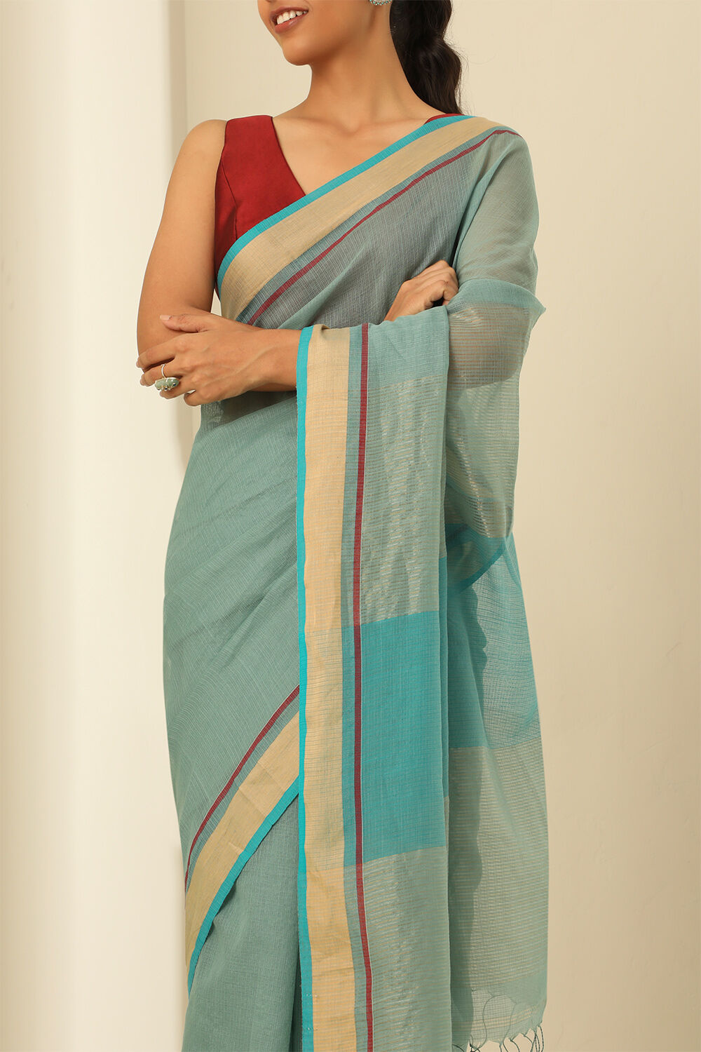 Light Green Pure Silk Cotton Woven Bengali Saree image number null