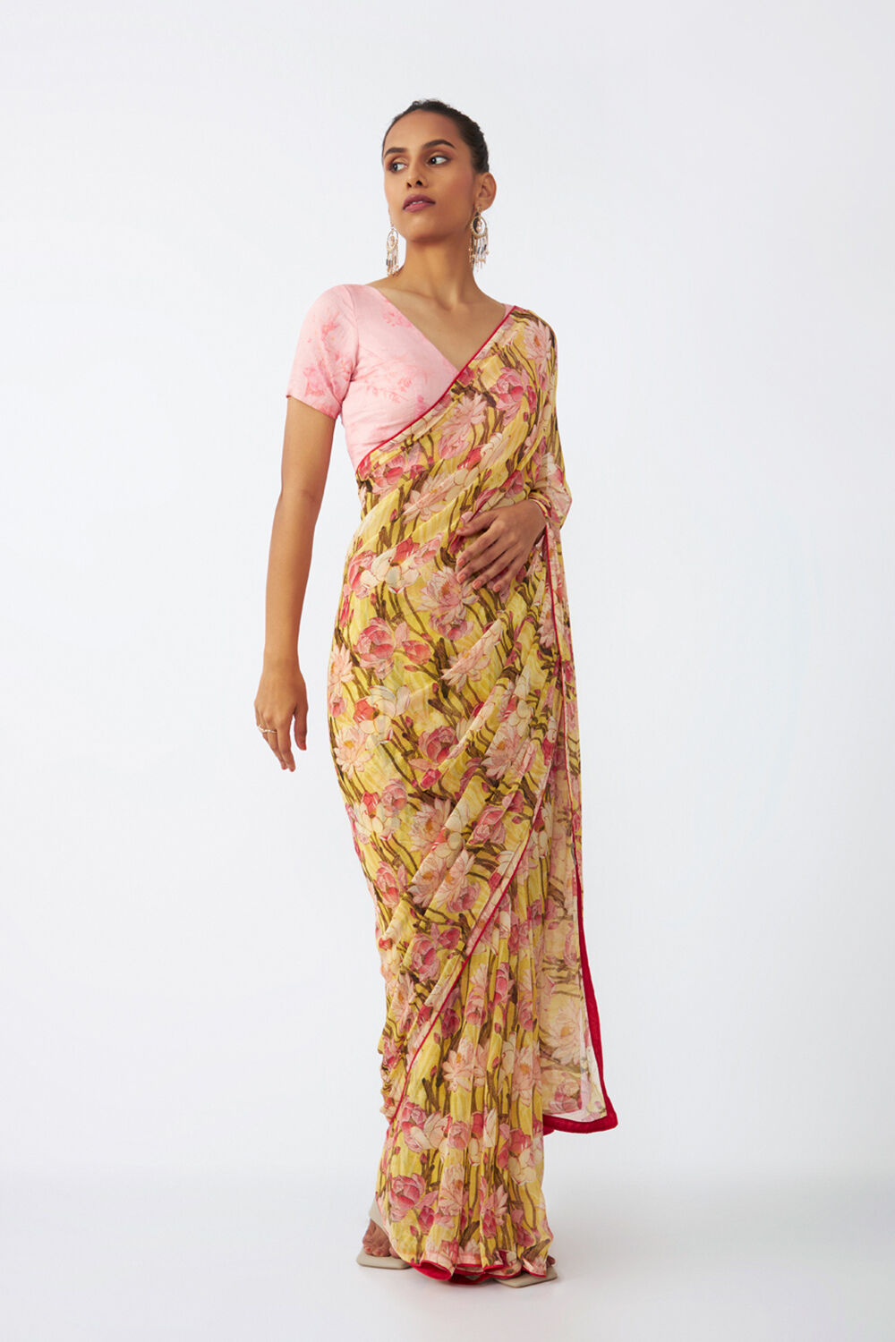 Yellow Viscose Chiffon Digital Printed Saree image number null