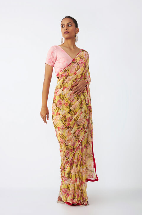 Yellow Viscose Chiffon Digital Printed Saree