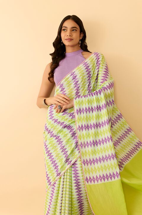Light Green Screen Printed Bengal Pure Cotton Saree