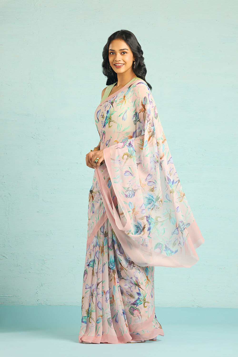 Pink Printed Viscose Georgette Saree image number null