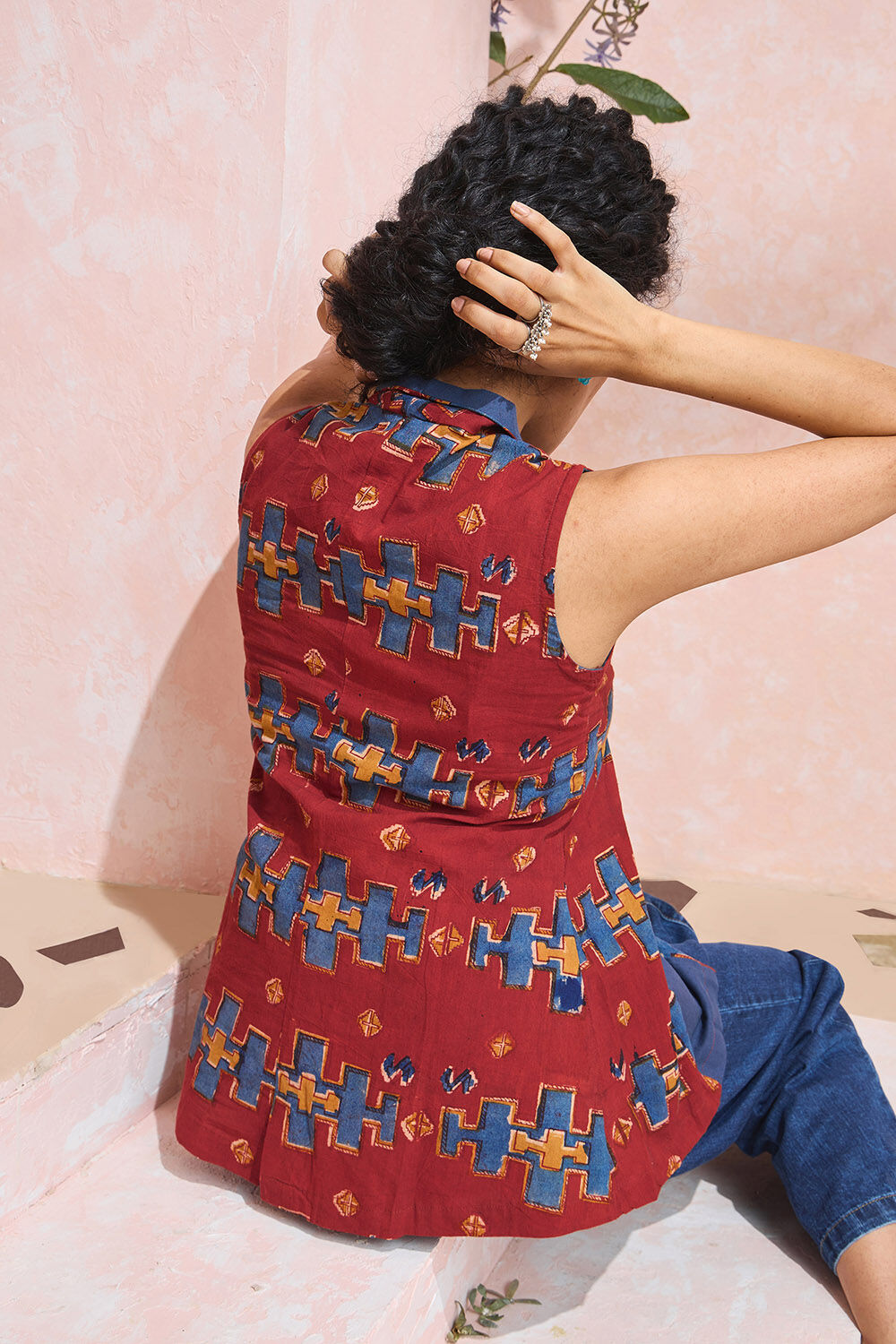 Red Printed Kalamkari Pure Cotton Short Top image number null