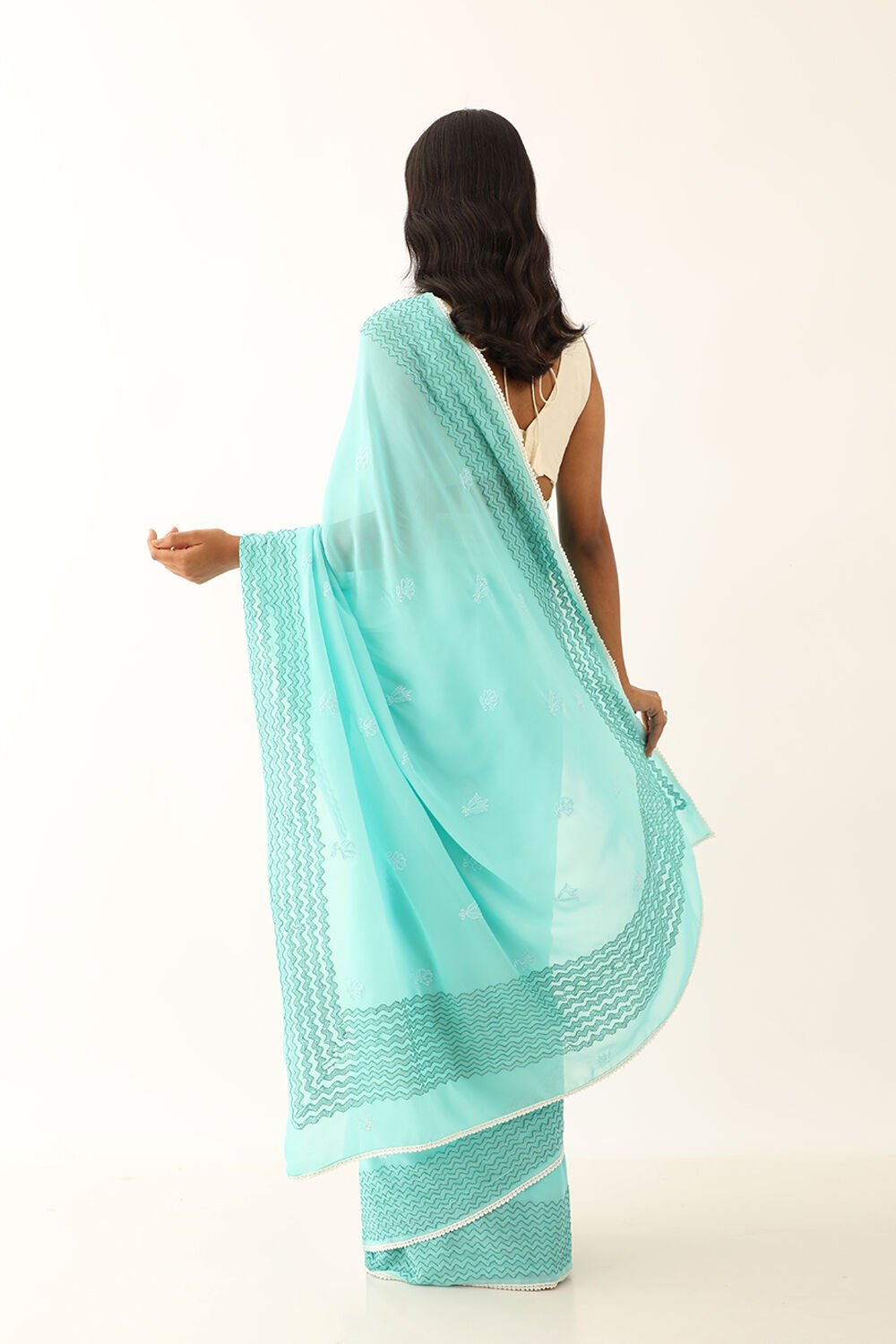 Green Pure Silk Georgette Lucknow Chikankari Saree image number null