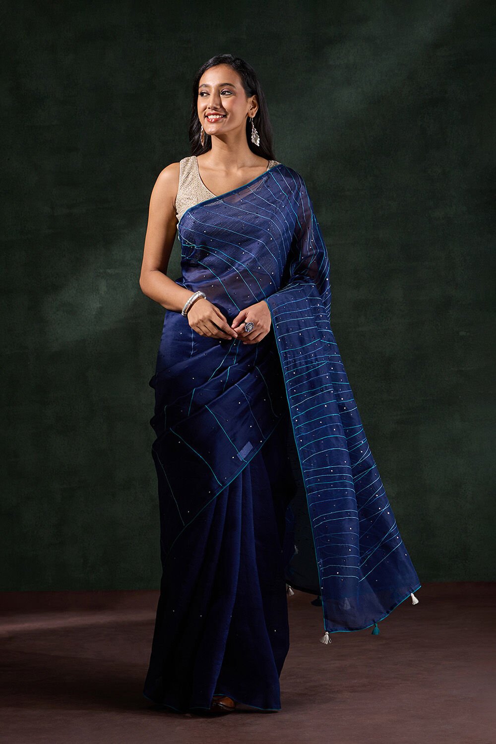 Dark Blue Pure Silk Organza Embroidery Saree image number null