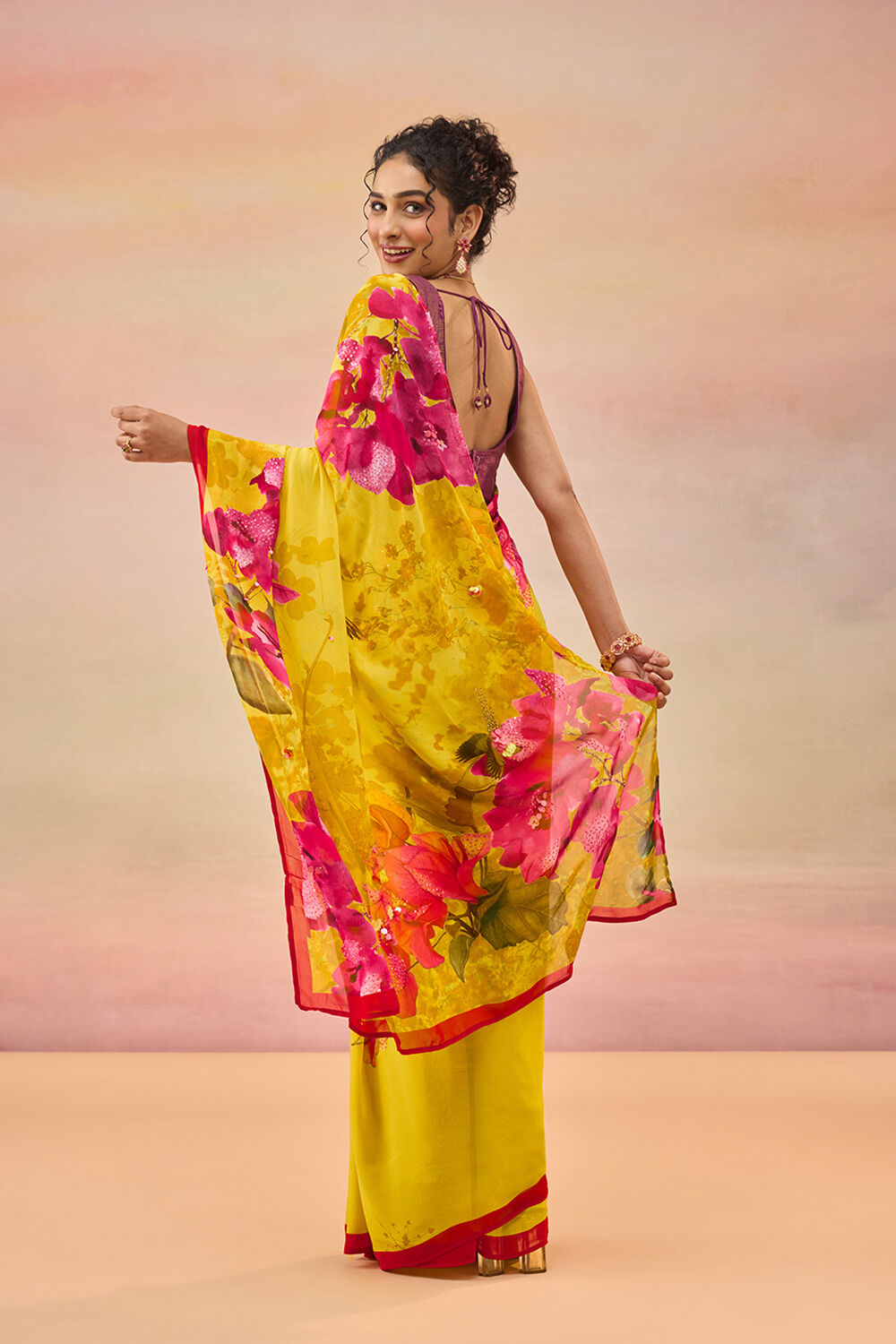 Yellow Bengal Printed Embroidered Viscose Georgette Saree image number null