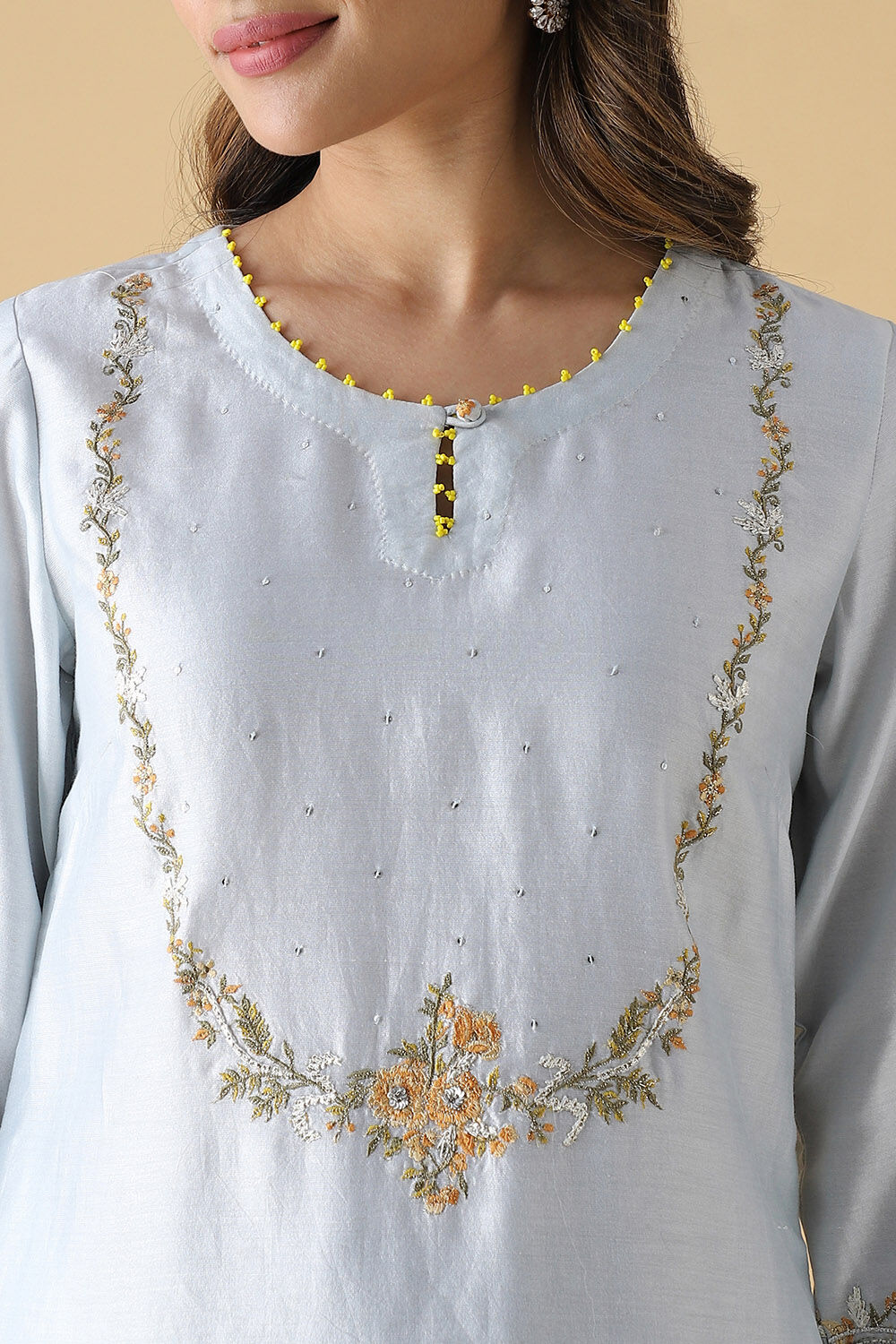 Light Blue Silk Cotton Embroidered Kurta image number null