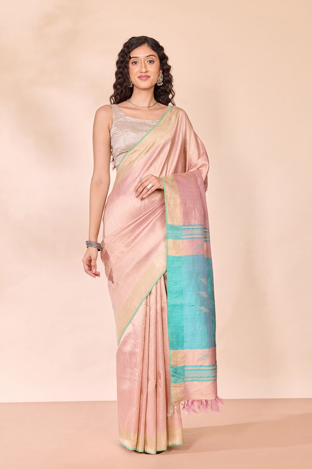 Light Pink Bhagalpur Woven Pure Tussar Silk Saree image number null