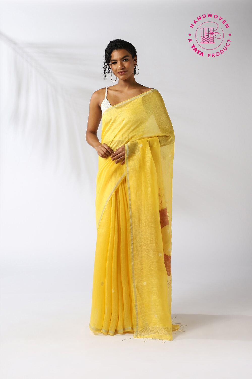 Yellow Pure Silk Linen Shibori Saree image number null