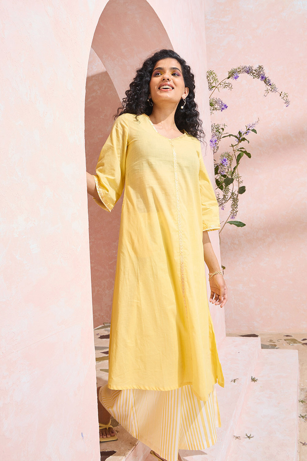 Yellow Pure Cotton Embroidered Kurta Set image number null