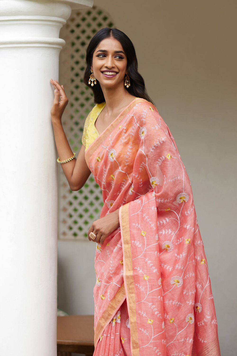 Orange Pure Silk Linen Embroidery Saree image number null