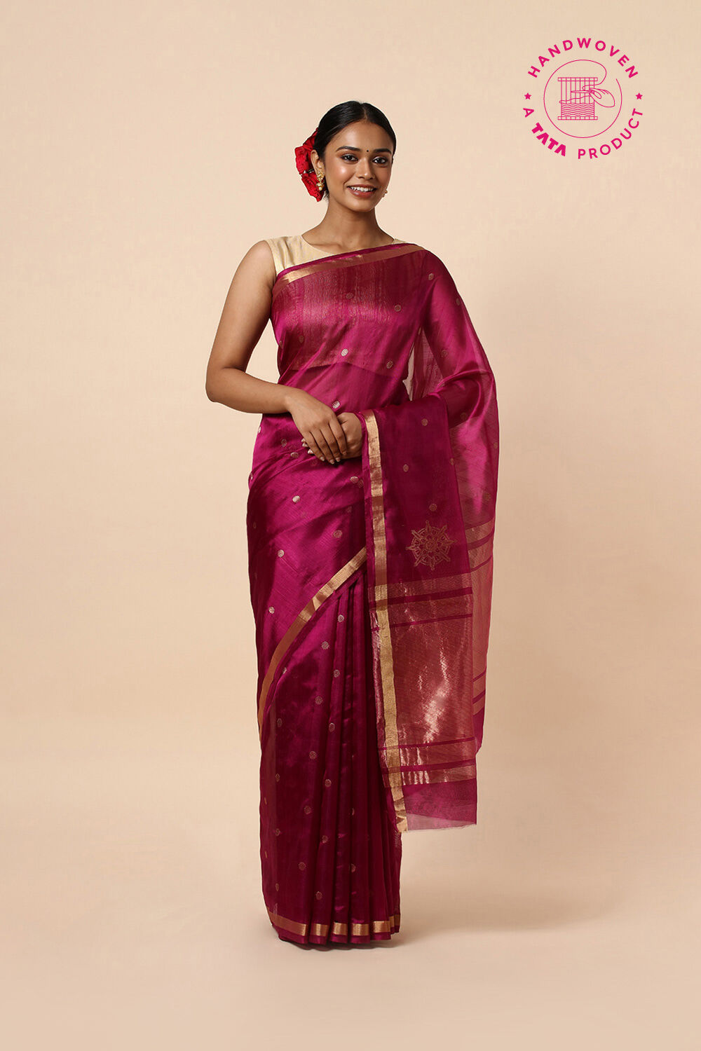 Dark Pink Pure Silk Chanderi Saree image number null