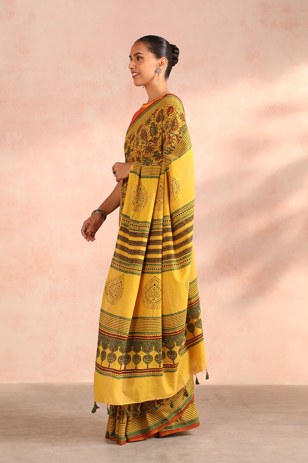 Yellow Gujarat Block Printed Pure Cotton Saree image number null