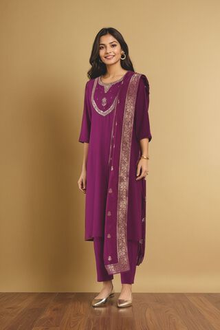 Purple Viscose Embroidered Kurta Set thumbnail image number null