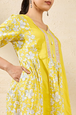 Yellow Pure Cotton Printed Sanganeri Dress thumbnail image number null