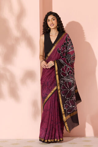 Purple Batik Pure Silk Cotton Ujjain Saree thumbnail image number null