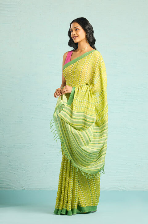 Green Screen Printed Pure Linen Saree