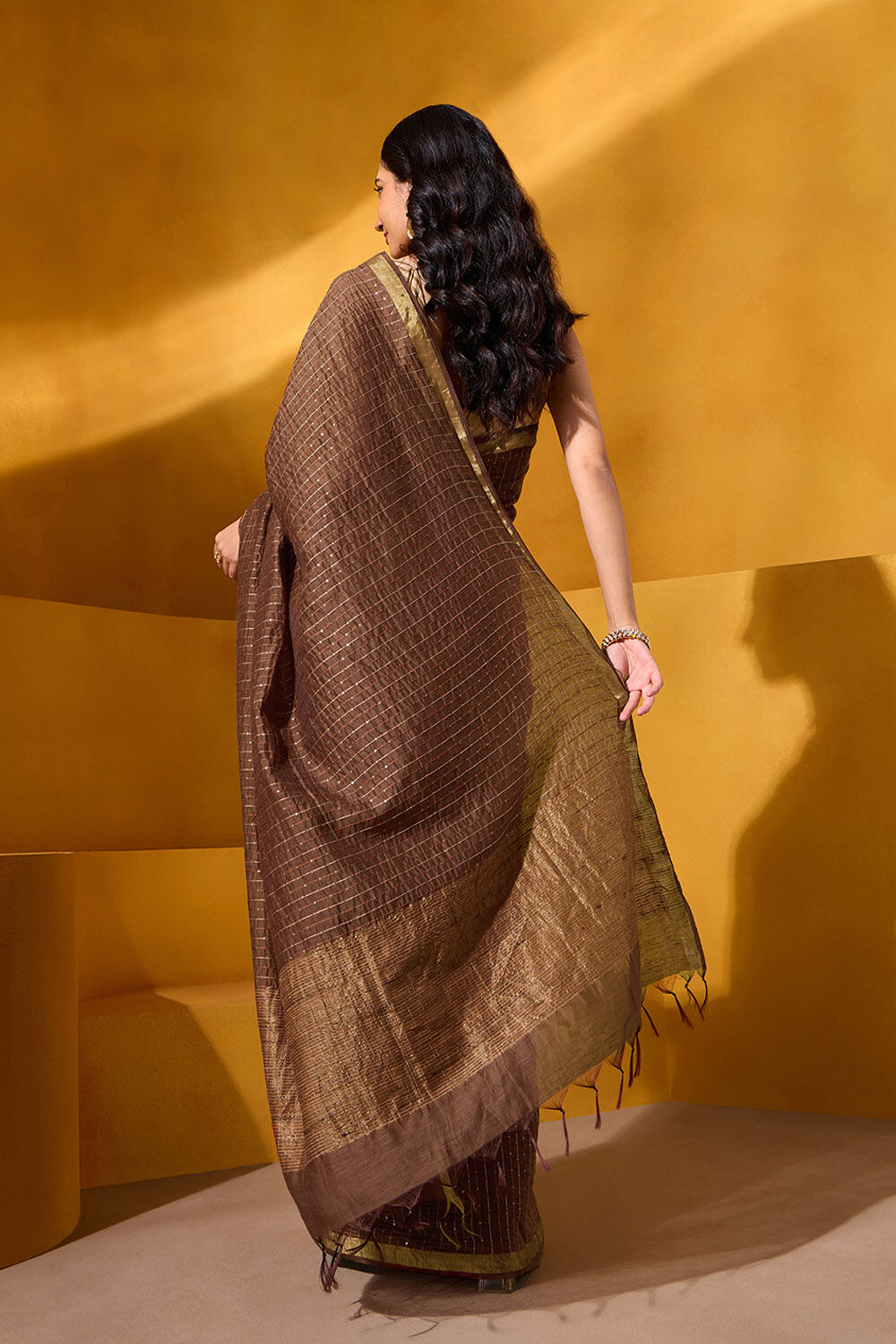 Brown Pure Silk Linen Embroidered Saree image number null