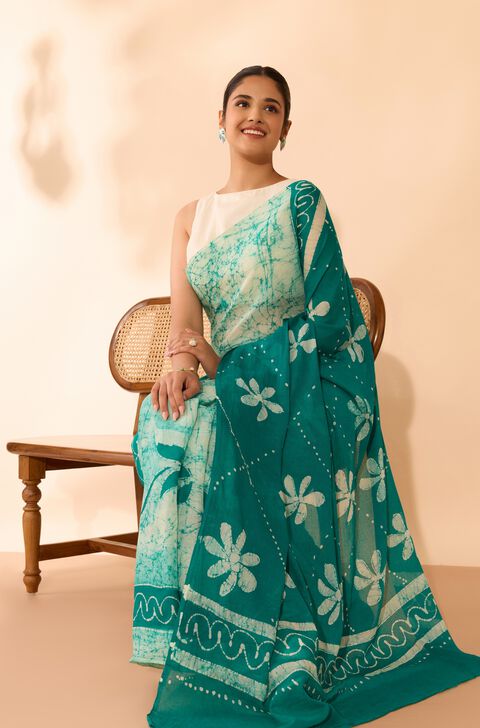 Green Ujjain Pure Cotton Batik Saree