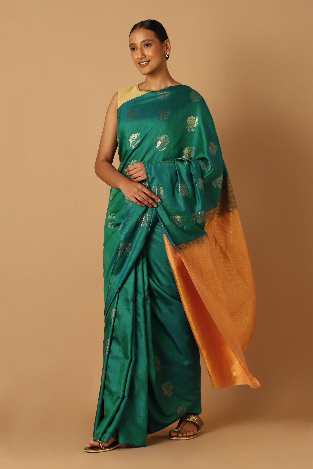 Green Pure Silk Tencel South Saree image number null