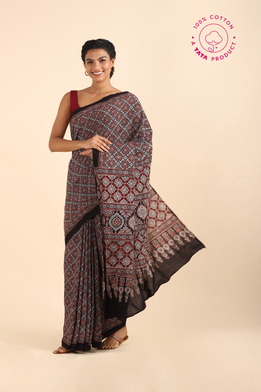 Black Pure Cotton Ajrakh Printed Saree image number null
