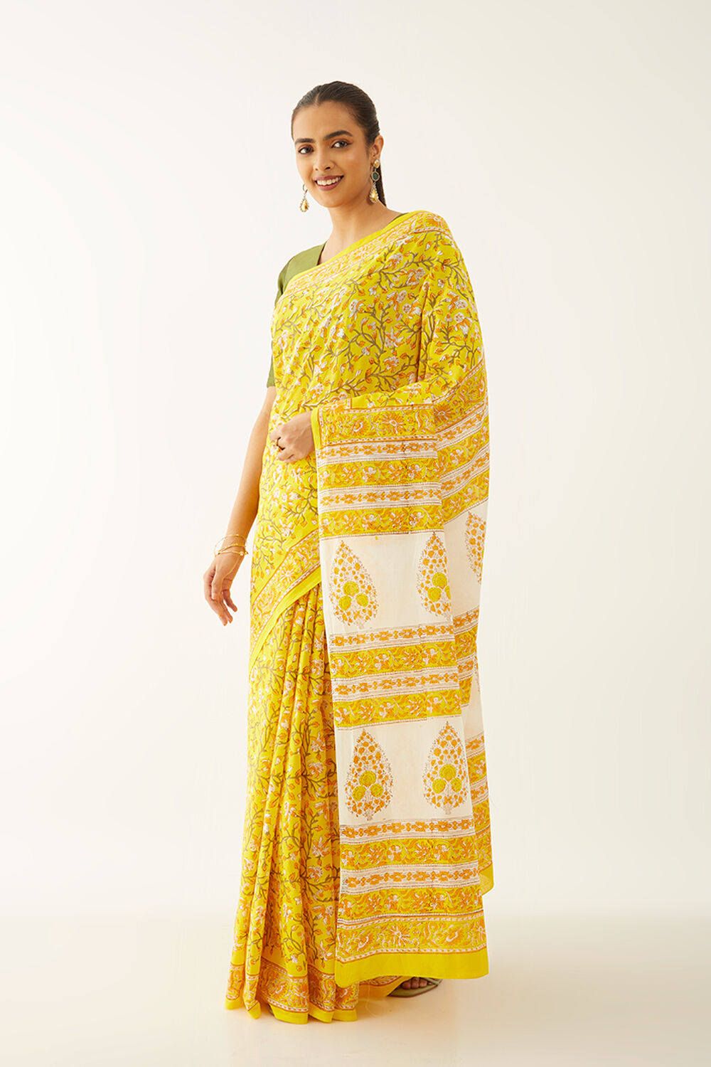 Yellow Pure Cotton Block Print Saree image number null