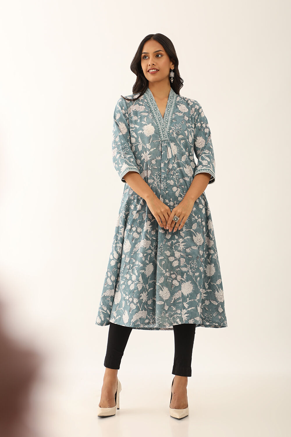 Blue Pure Cotton Block Printed Kurta with Embroidery image number null