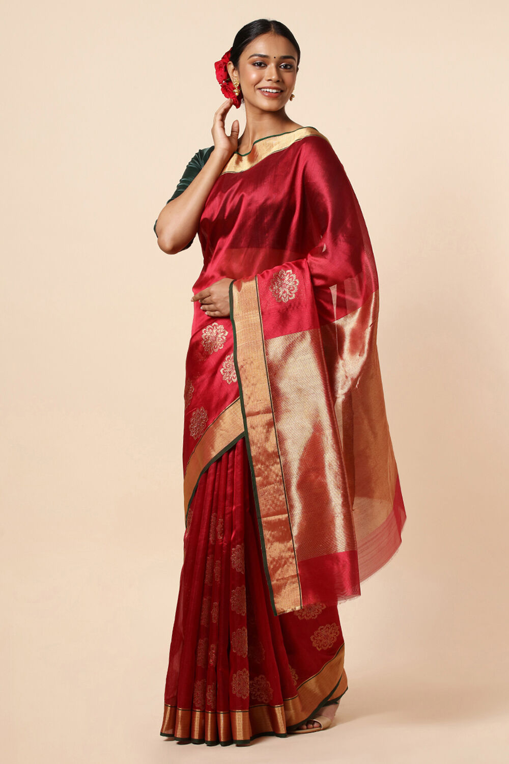 Dark Red Pure Silk Chanderi Saree image number null
